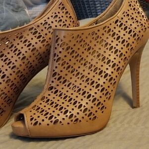 Ann Taylor Tan Laser-Cut Peep Toe Stiletto Booties